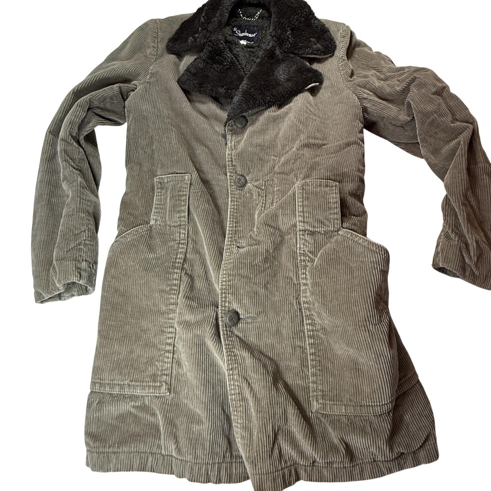70s Vintage Shanhouse Corduroy Sherpa Lined Car Coat Jacket Olive Green Sz 36